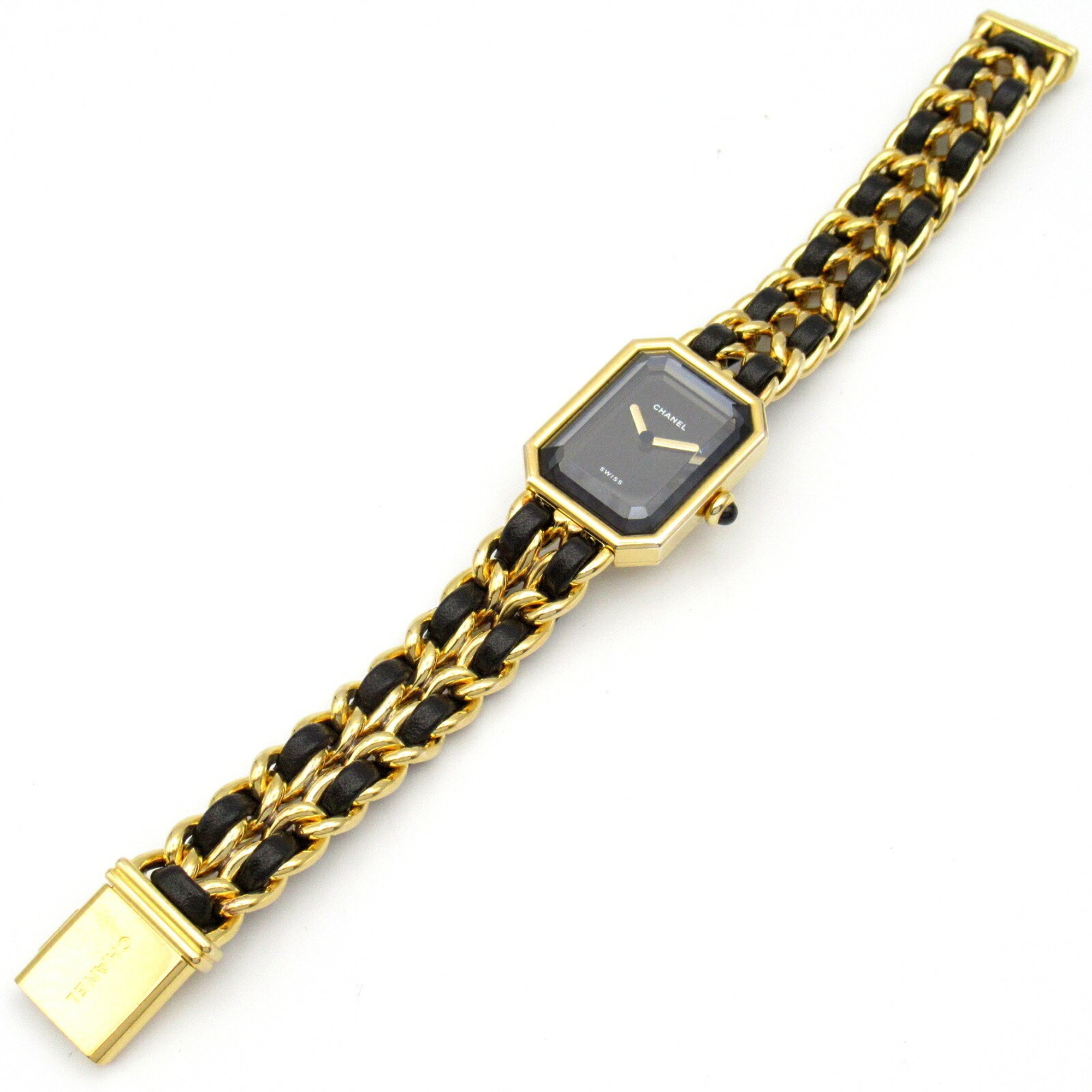 CHANEL Premiere L Watch GP (Gold Plated) Leather Strap Women's Black H0001