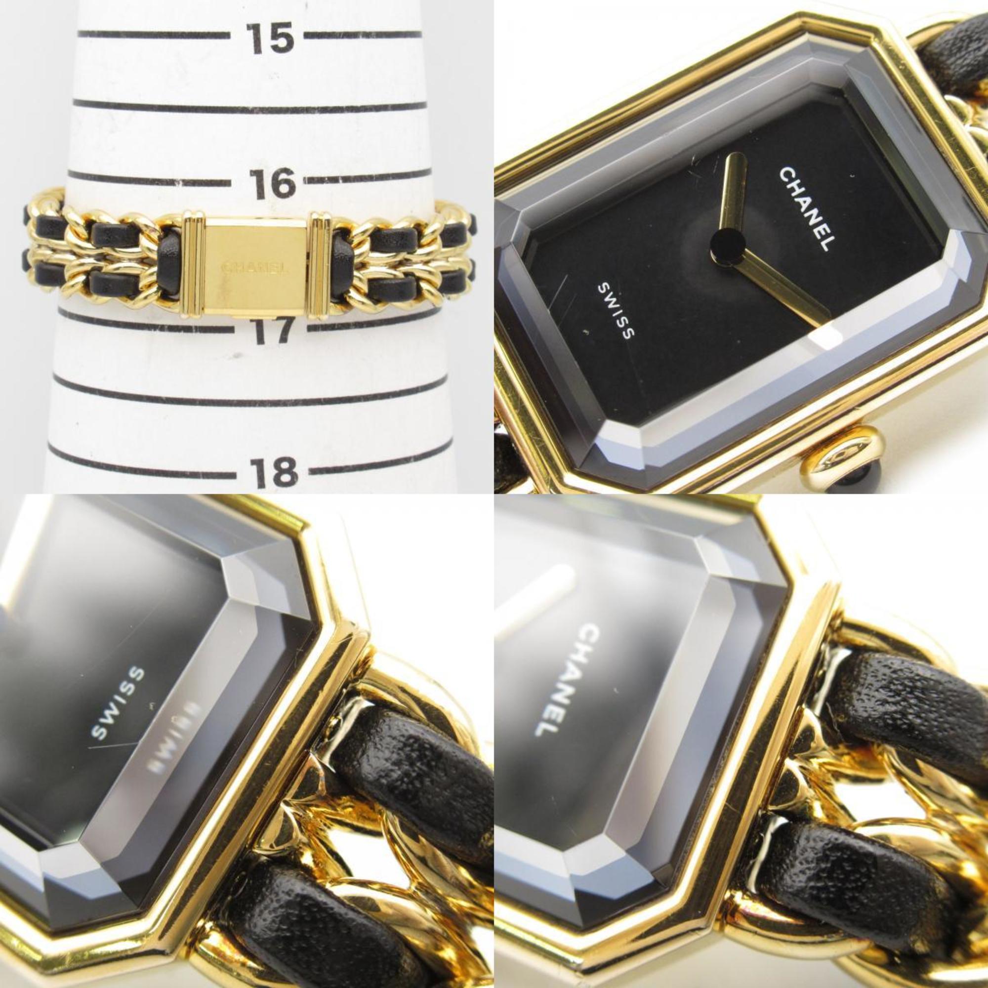 CHANEL Premiere L Watch GP (Gold Plated) Leather Strap Women's Black H0001