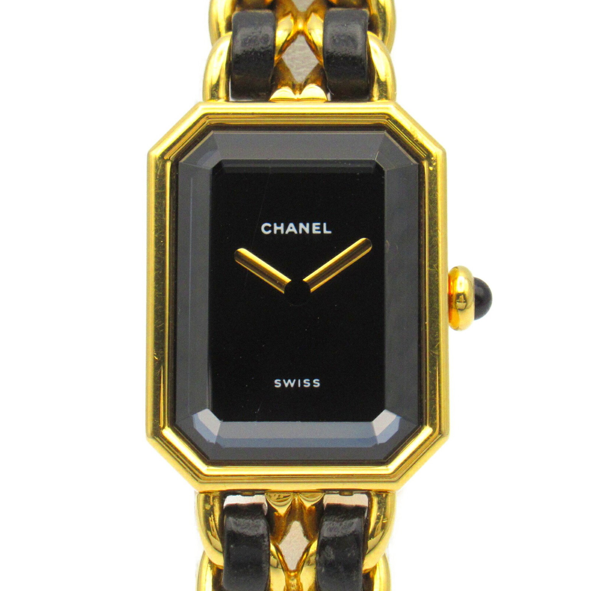 CHANEL Premiere L Watch GP (Gold Plated) Leather Strap Women's Black H0001