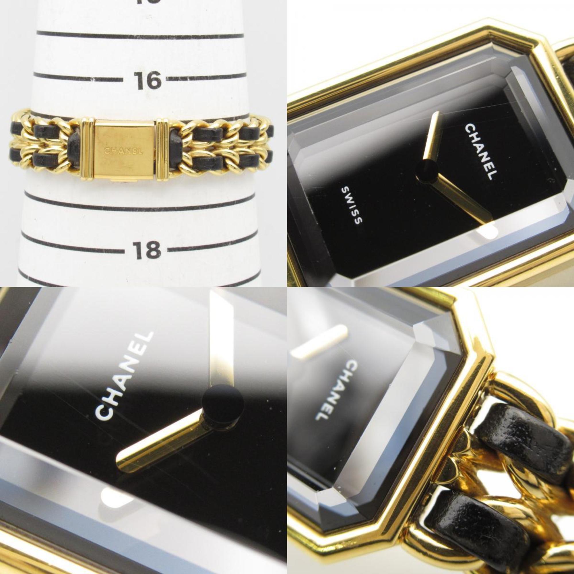 CHANEL Premiere L Watch GP (Gold Plated) Leather Strap Women's Black H0001