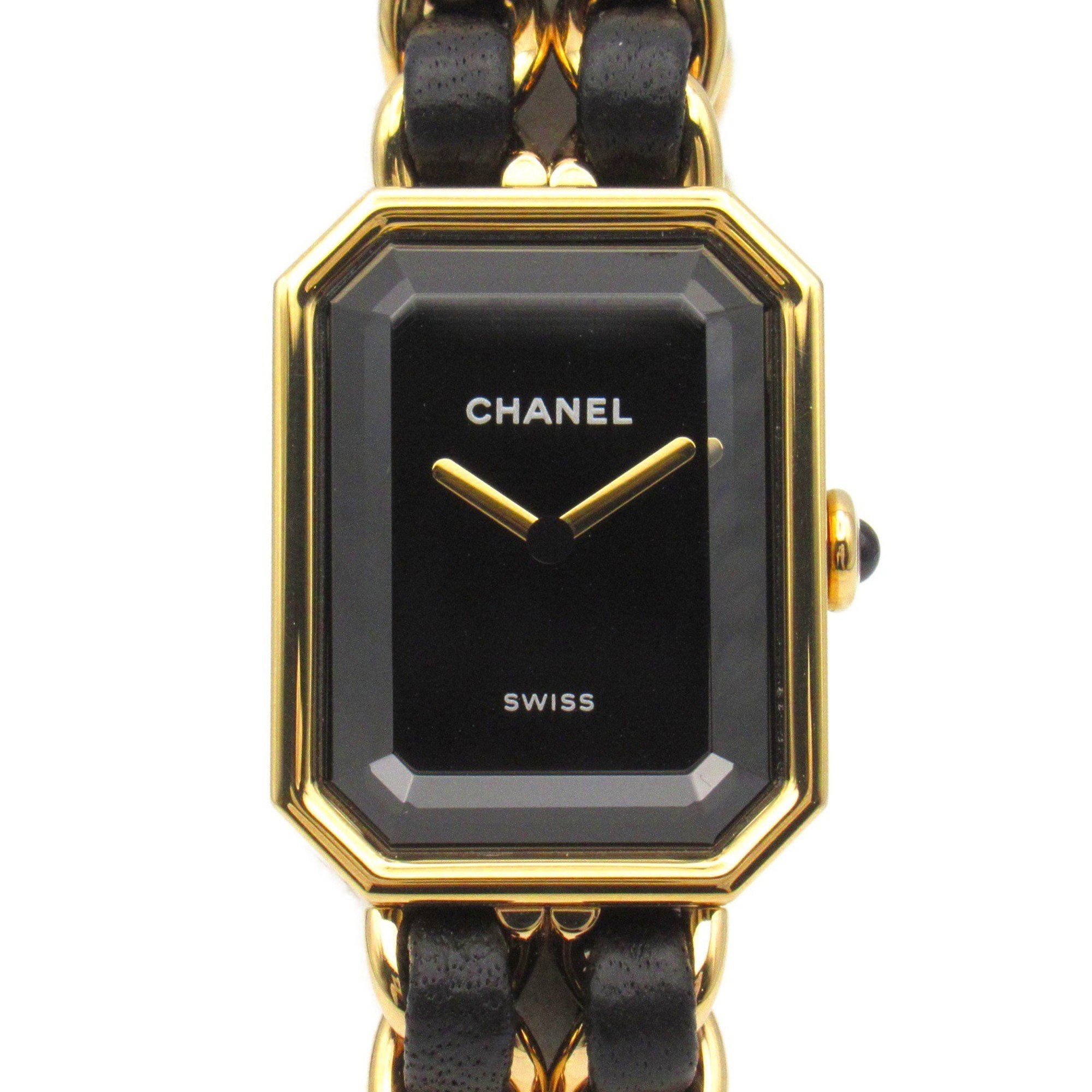 CHANEL Premiere Original Edition M Watch GP (Gold Plated) Leather Strap Women's Black H6951