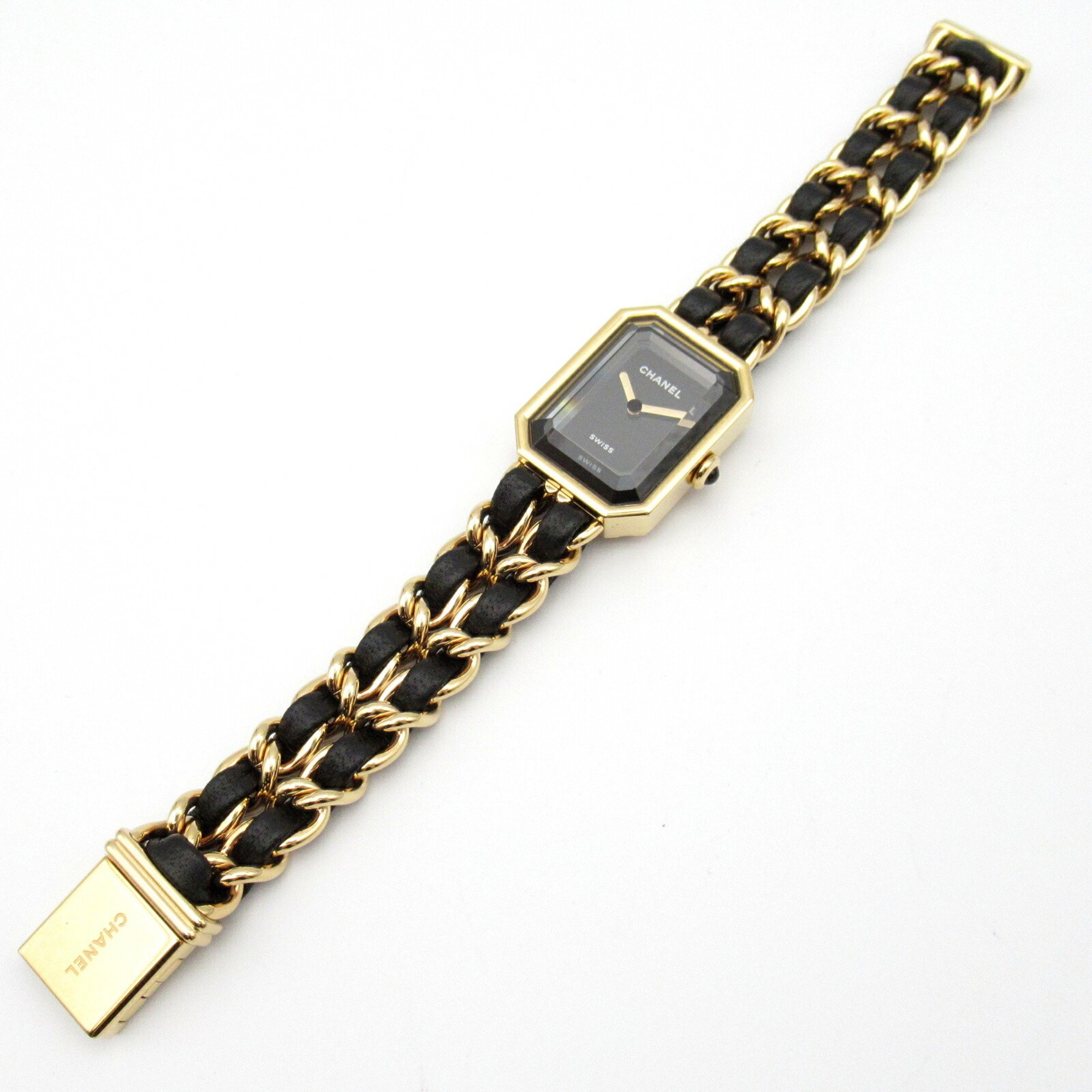 CHANEL Premiere Original Edition M Watch GP (Gold Plated) Leather Strap Women's Black H6951