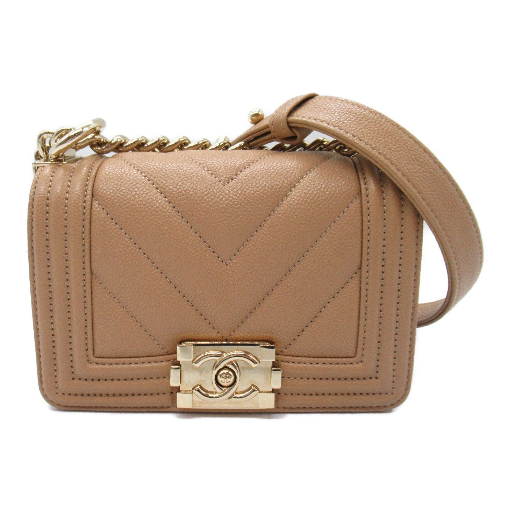 CHANEL Boy Chanel V-stitch chain shoulder bag Shoulder Bag Caviar skin (grained calf) Women's Beige