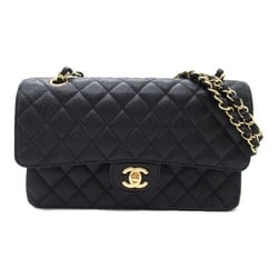 CHANEL Matelasse Double Flap Chain Shoulder Bag, Caviar Skin (Grained Calf), Women's, Black, A01112