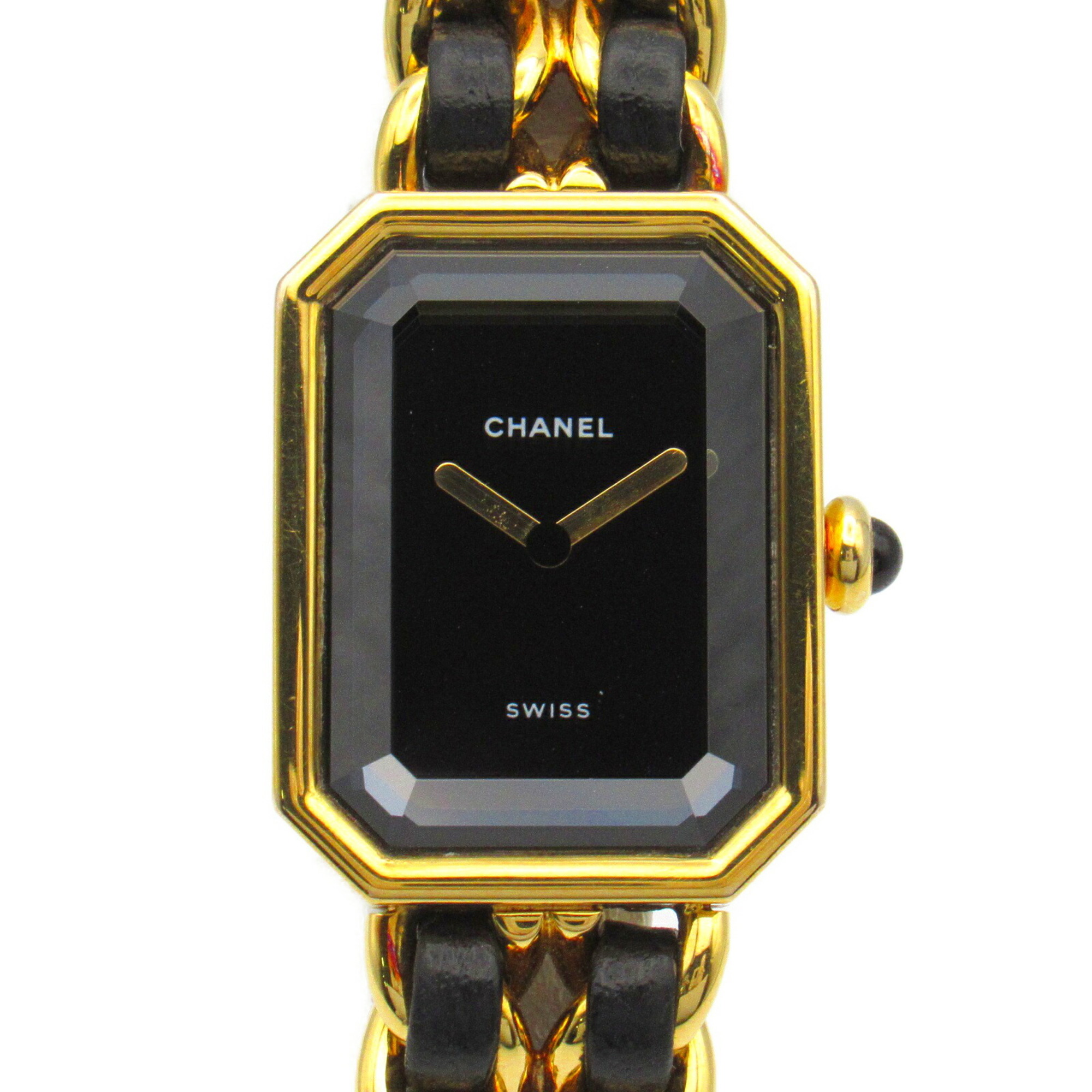 CHANEL Premiere M Watch GP (Gold Plated) Leather Strap Women's Black H0001