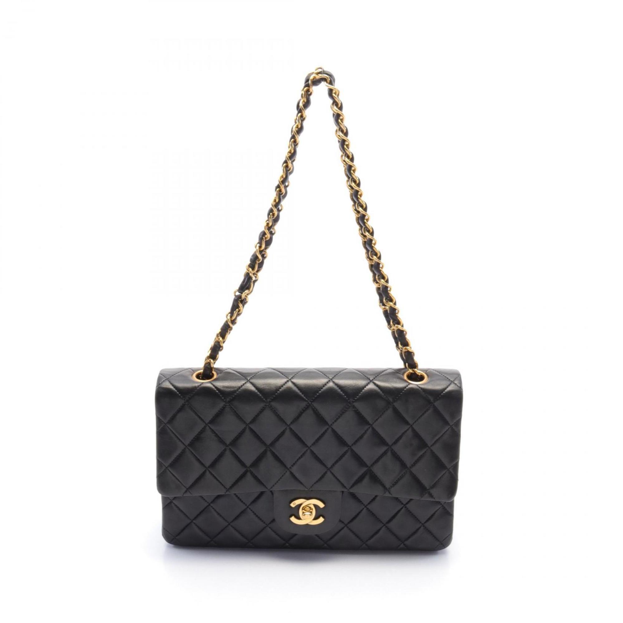 CHANEL Matelasse Double Flap Shoulder Bag, Lambskin, Women's, Black, A01112