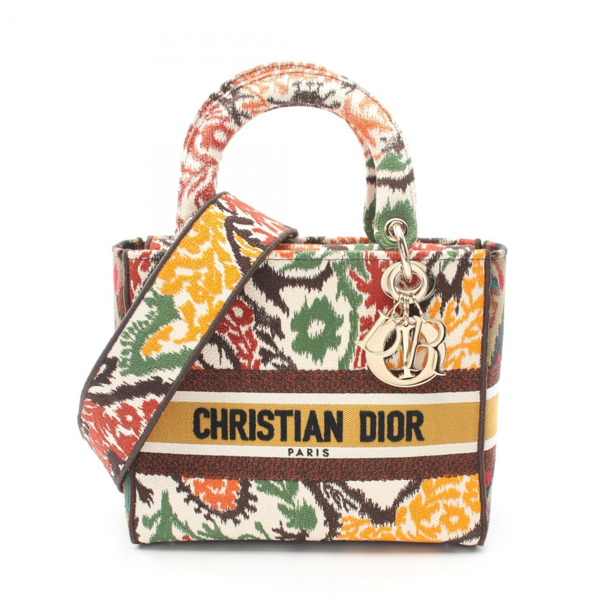 Christian Dior Dior Lady D-Lite Medium D Light Handbag Bag Canvas Women's Ivory Brown Multicolor