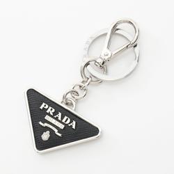 PRADA Triangle Keychain, Saffiano Leather, Metal, Men's, Women's, Black, Silver, 2PP080053F0002