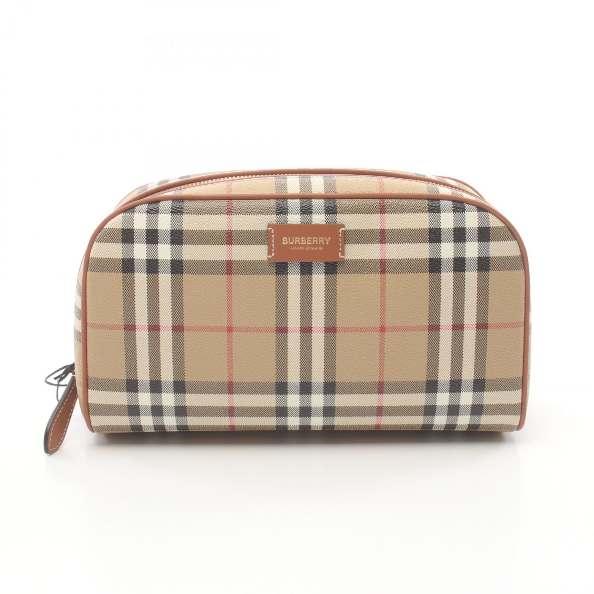 Burberry Check Pouch Bag Coated Canvas Leather Women's Beige Brown Multicolor 8067158