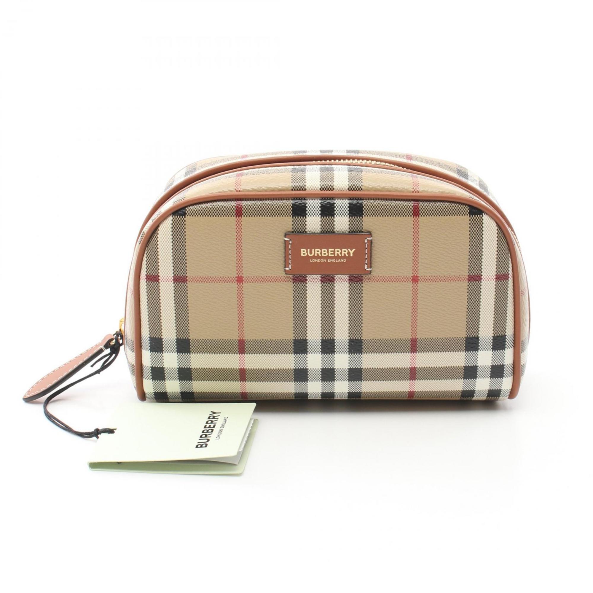 Burberry Check Travel Pouch Bag Coated Canvas Leather Women's Beige Multicolor 8067159