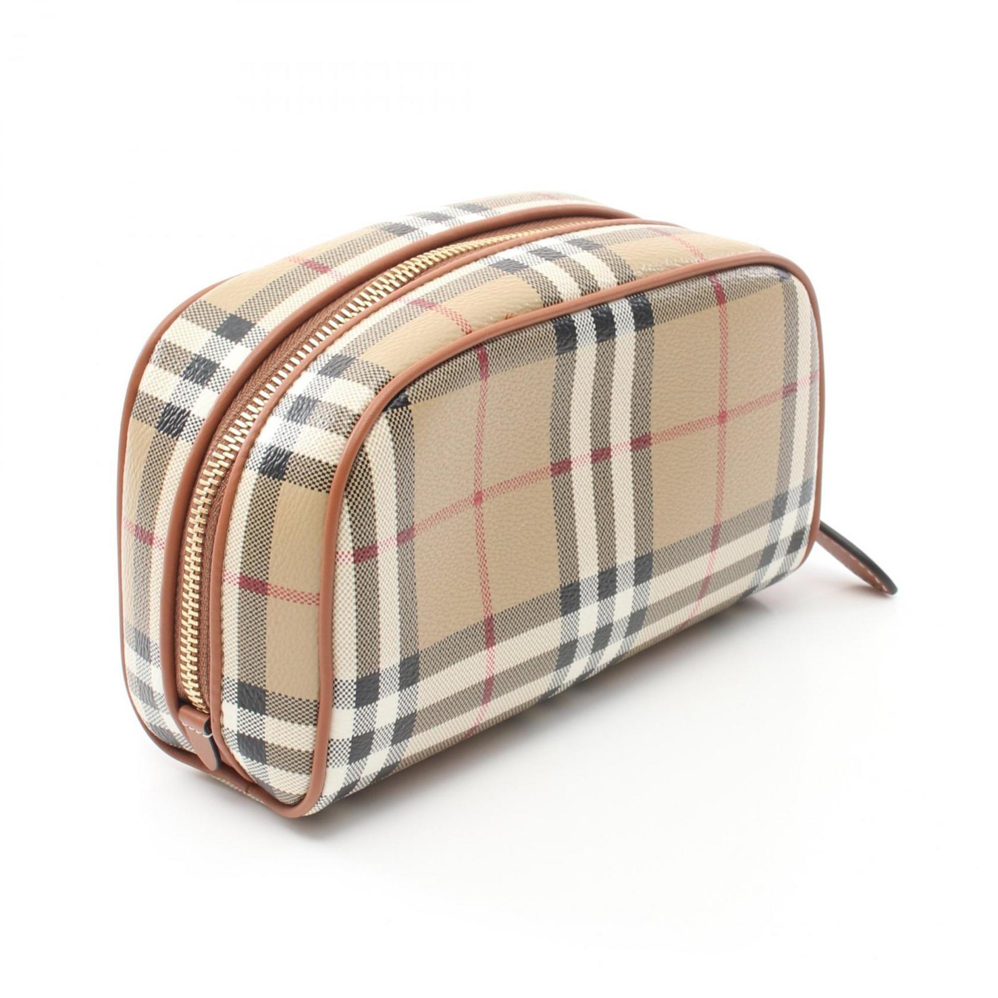 Burberry Check Travel Pouch Bag Coated Canvas Leather Women's Beige Multicolor 8067159