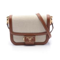 PRADA Shoulder Bag Canvas Leather Women's Beige Brown 1BD257