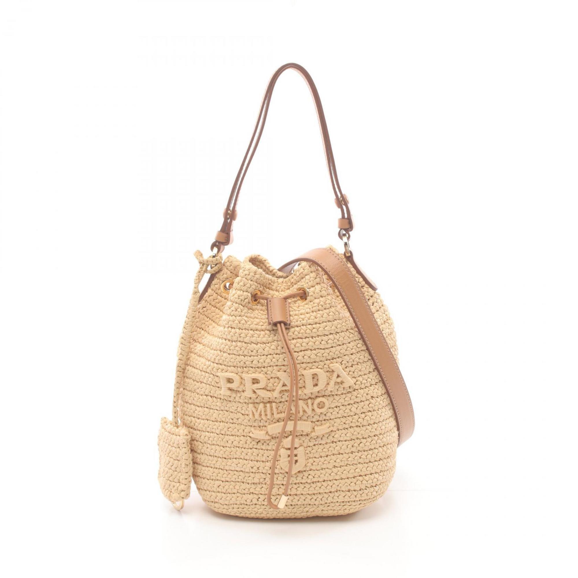 PRADA Bucket Bag Handbag Leather Raffia Women's Beige Brown 1BE068