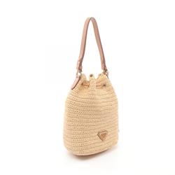 PRADA Bucket Bag Handbag Leather Raffia Women's Beige Brown 1BE068