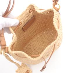 PRADA Bucket Bag Handbag Leather Raffia Women's Beige Brown 1BE068