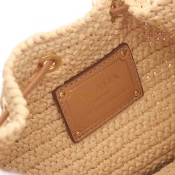 PRADA Bucket Bag Handbag Leather Raffia Women's Beige Brown 1BE068