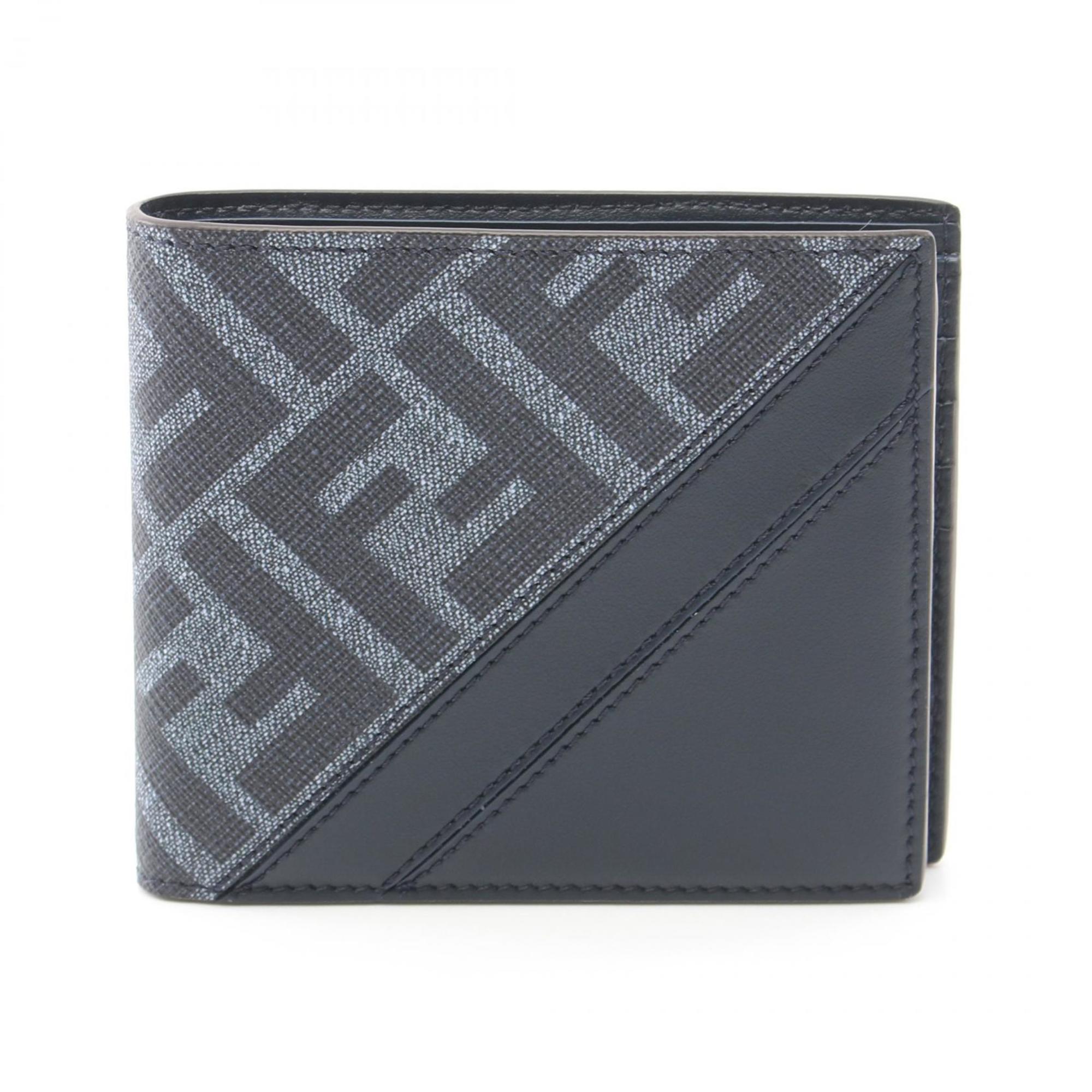 FENDI Diagonal Bi-fold Wallet Coated Canvas Leather Men's Navy 7M0169ASICF1O97