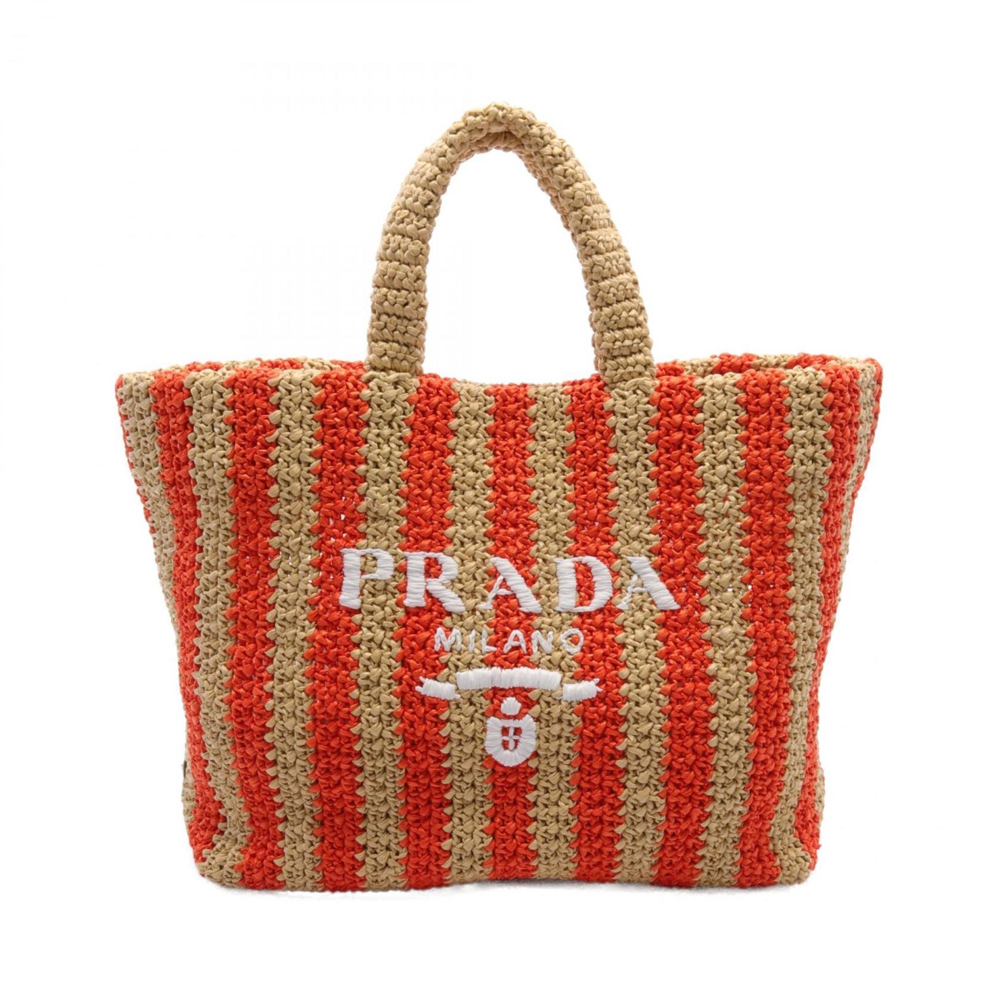 PRADA Crochet Tote Bag Straw Women's Beige Orange White 1BG392