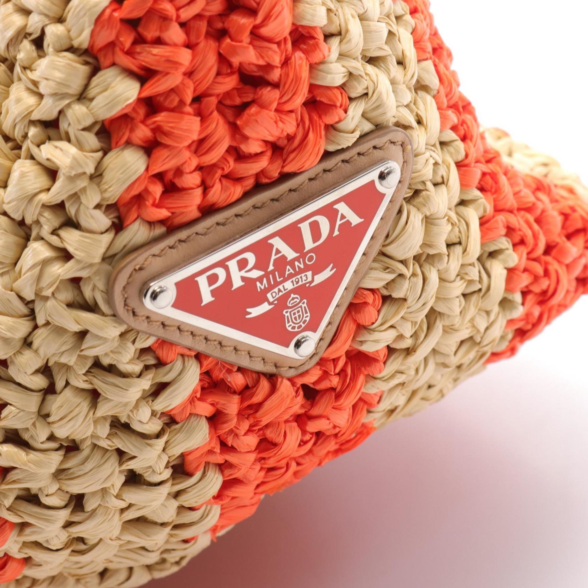 PRADA Crochet Tote Bag Straw Women's Beige Orange White 1BG392