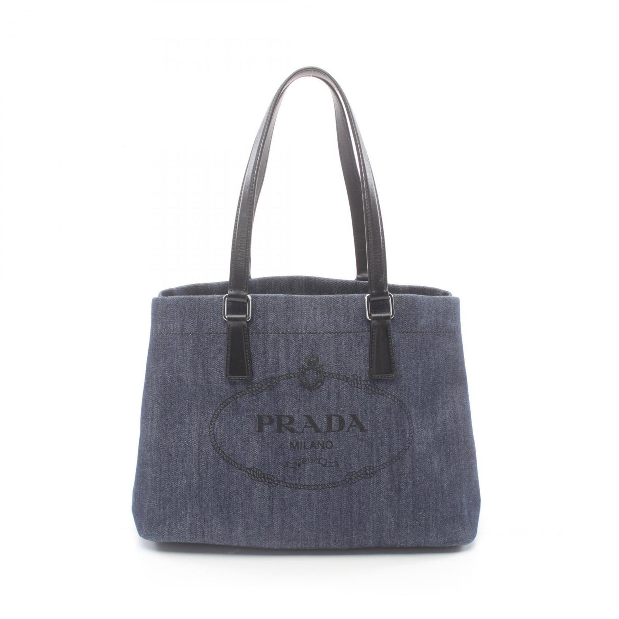 PRADA DENIM + VITELLO Tote Bag, Denim, Leather, Women's, Navy, Black, 1BG356