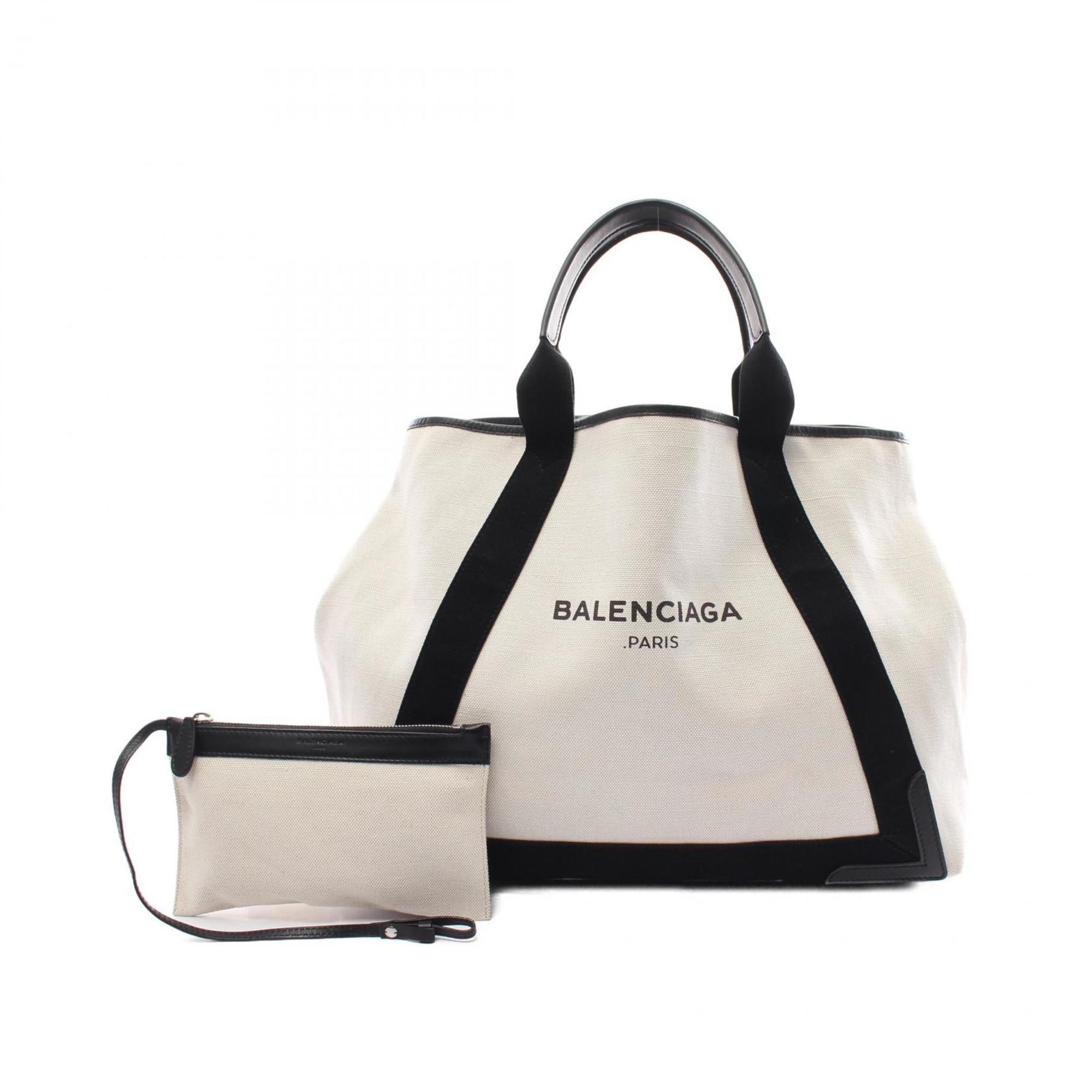 BALENCIAGA NAVY CABAS Navy Cabas M Tote Bag Canvas Leather Women's White Black