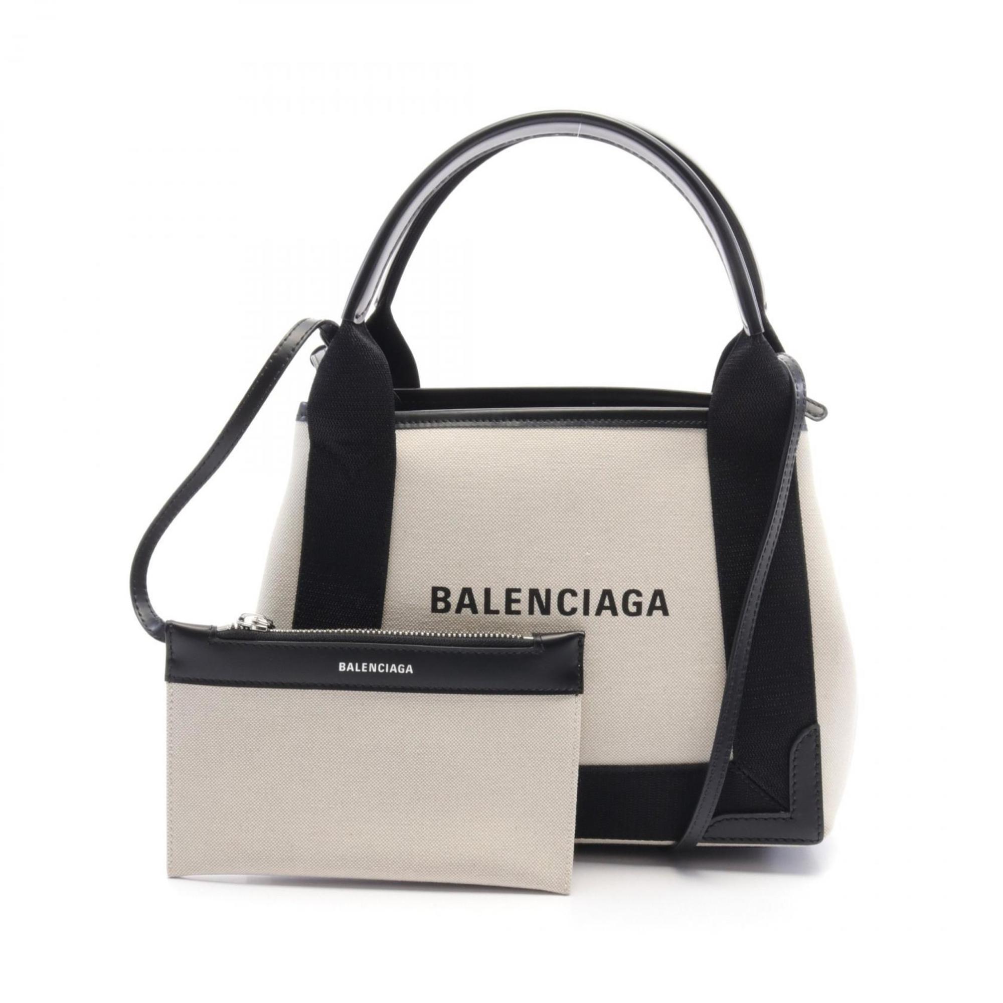 BALENCIAGA Navy Cabas XS Handbag Bag Canvas Leather Women's Ivory Black 390346