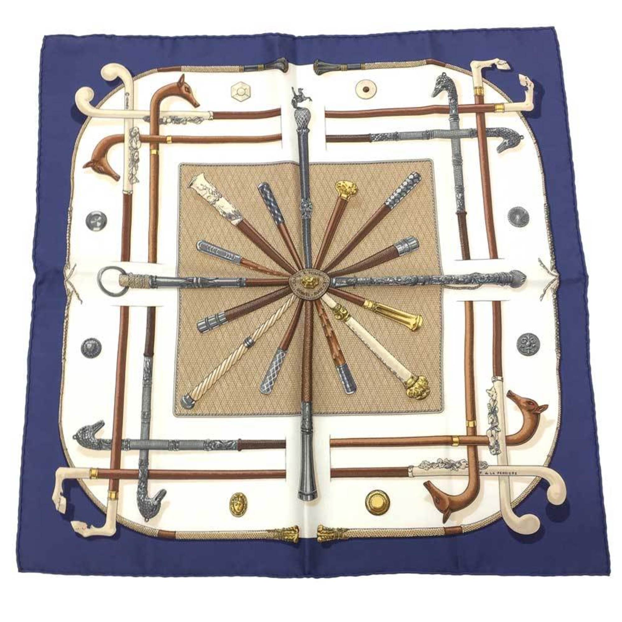 HERMES Hermes Carre 45 Scarf Muffler CANNES & POMMEAUX Walking Stick Ivory x Blue 100% Silk