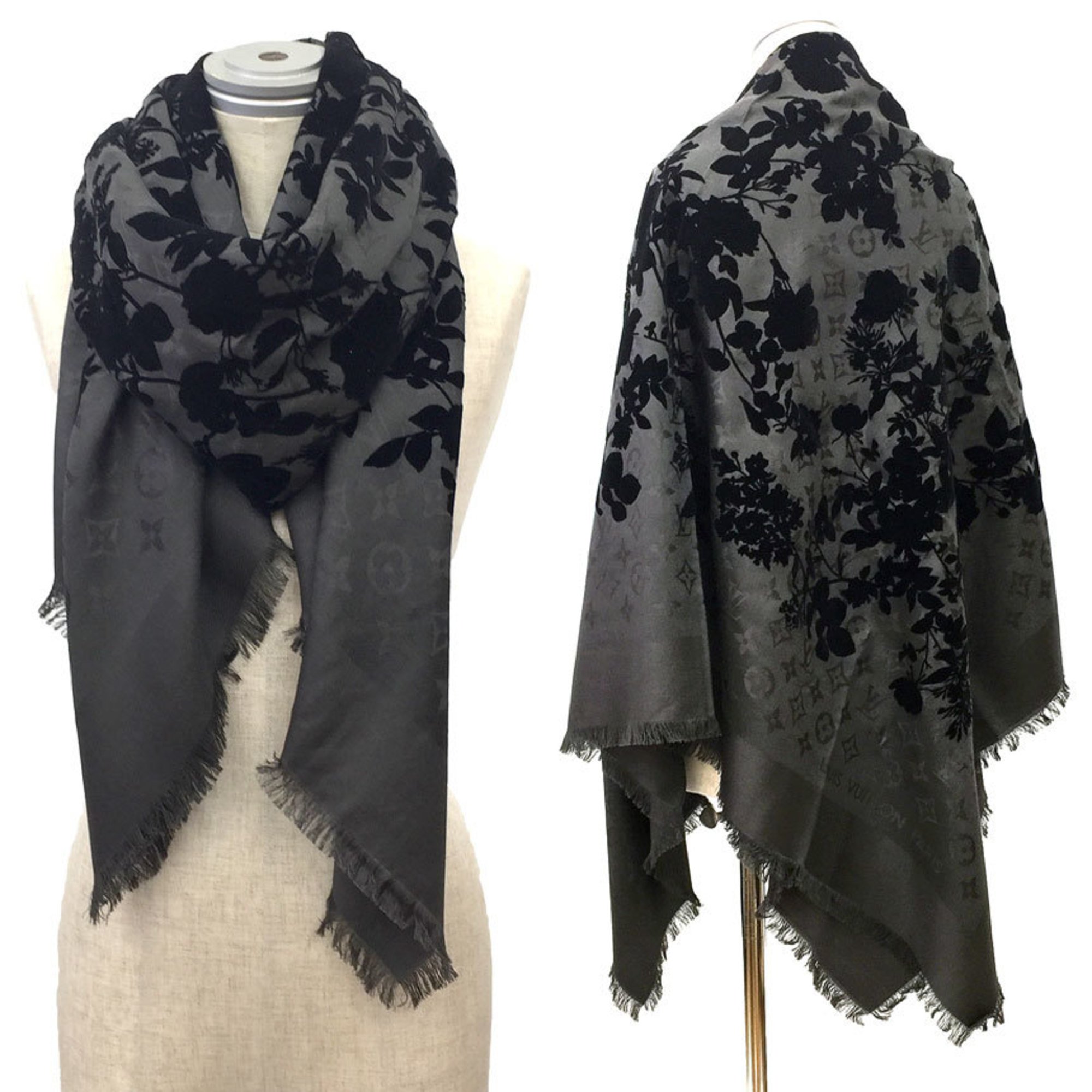 Louis Vuitton LOUIS VUITTON Shawl Monogram Velvet Flower 401910 Stole Gray