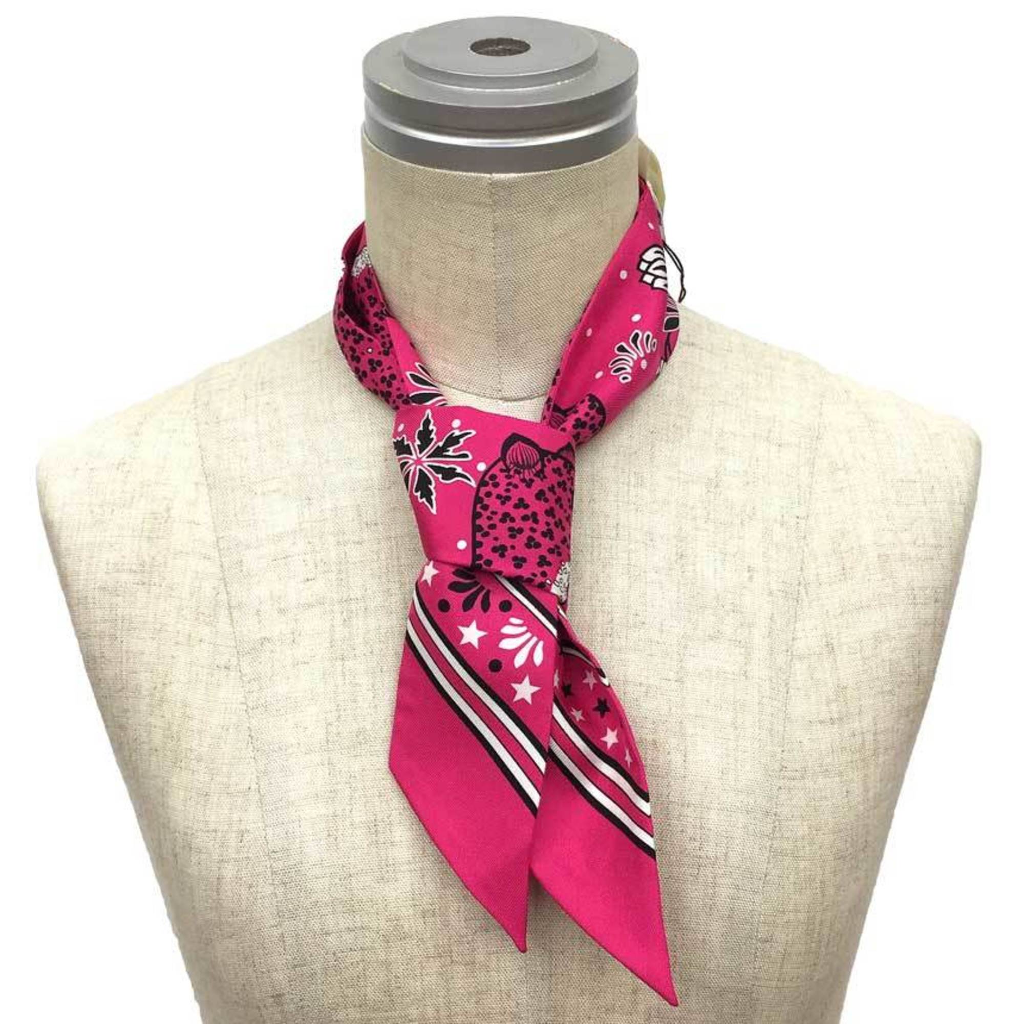 HERMES Twilly Scarf Muffler Les Leopards Bandana Leopard 063350S 03 2019 Rose vif/Black/White pattern 100% silk Hermes Silk scarf