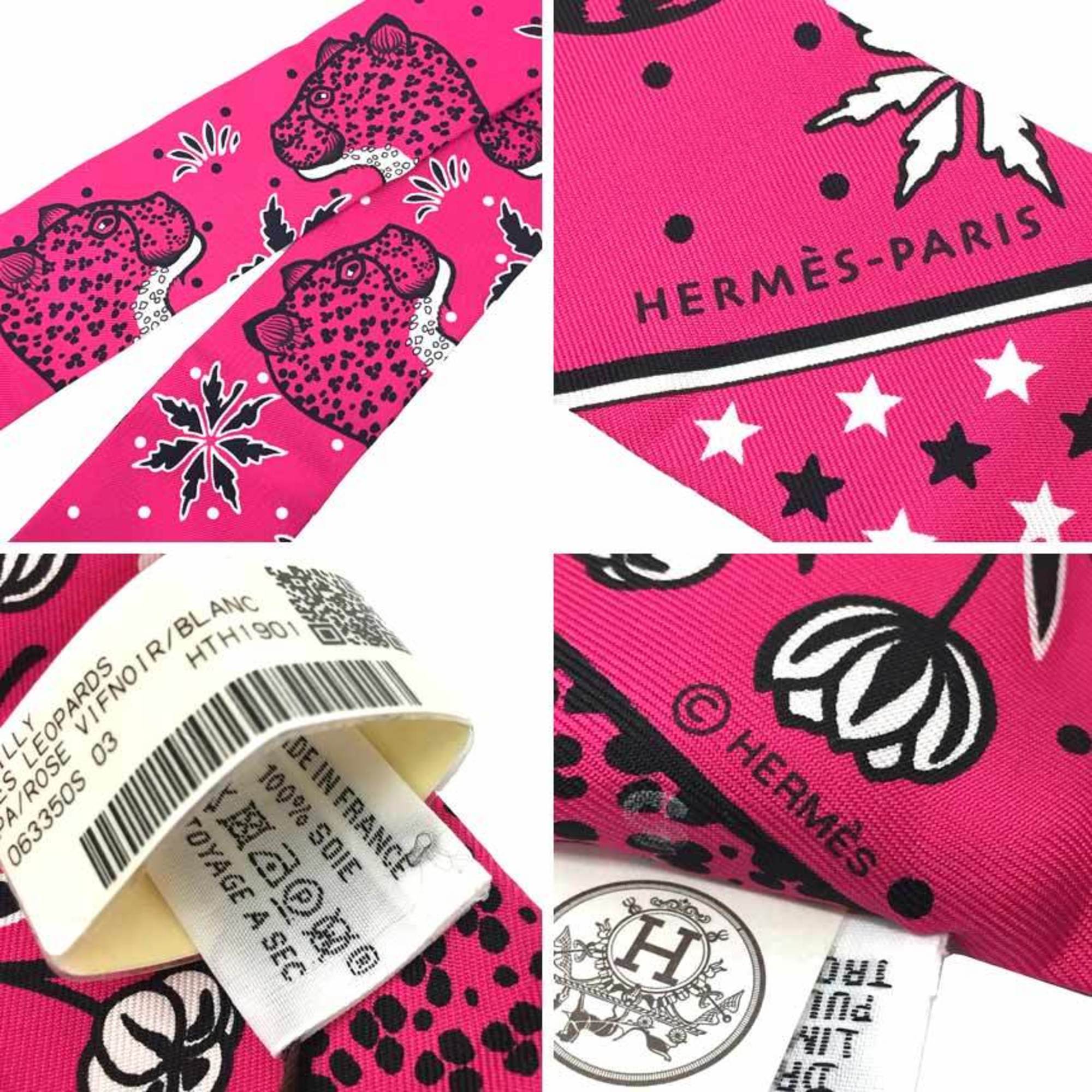 HERMES Twilly Scarf Muffler Les Leopards Bandana Leopard 063350S 03 2019 Rose vif/Black/White pattern 100% silk Hermes Silk scarf