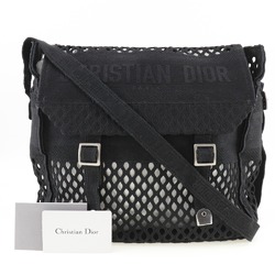 Christian Dior Shoulder Bag Mesh Canvas Black A5 Belt Clasp Messenger Women's