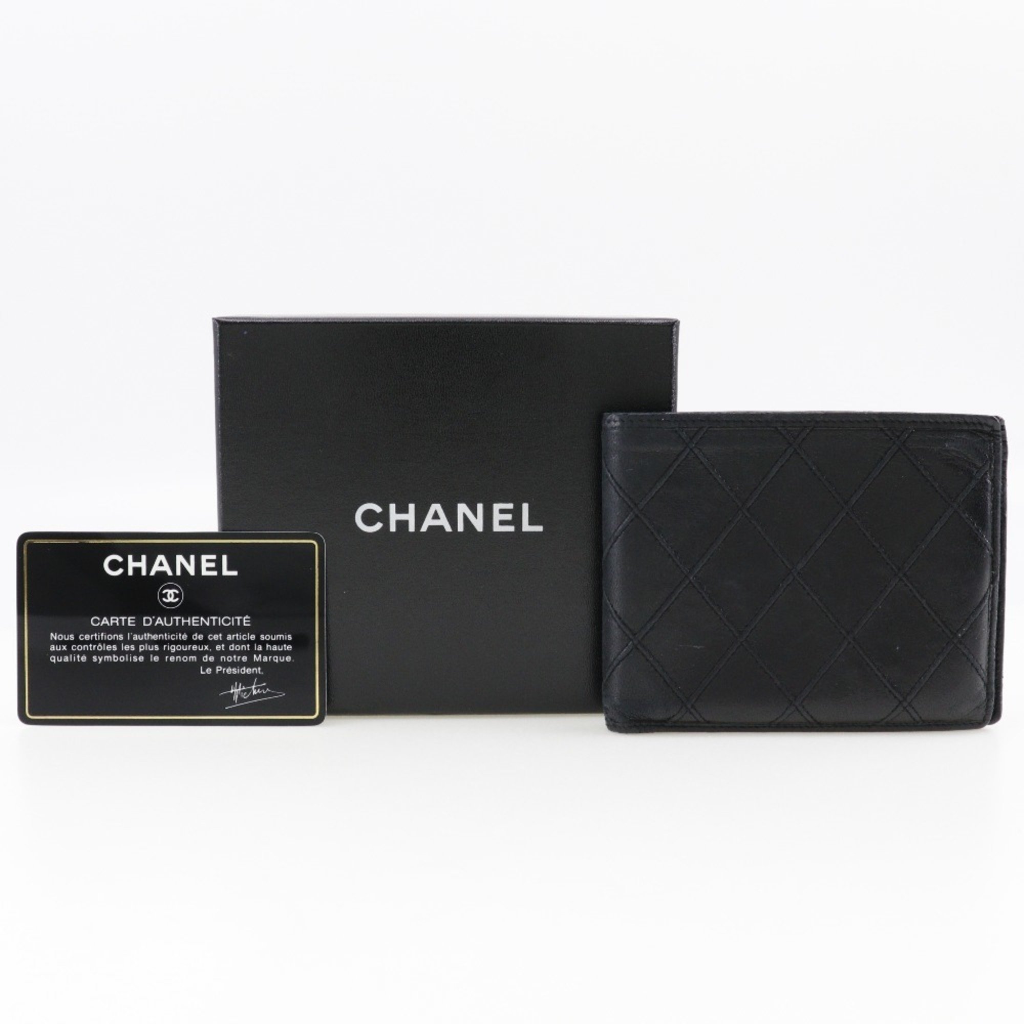 CHANEL Bicolor Bi-fold Wallet Billfold Lambskin 1985 Black Bicolole Women's