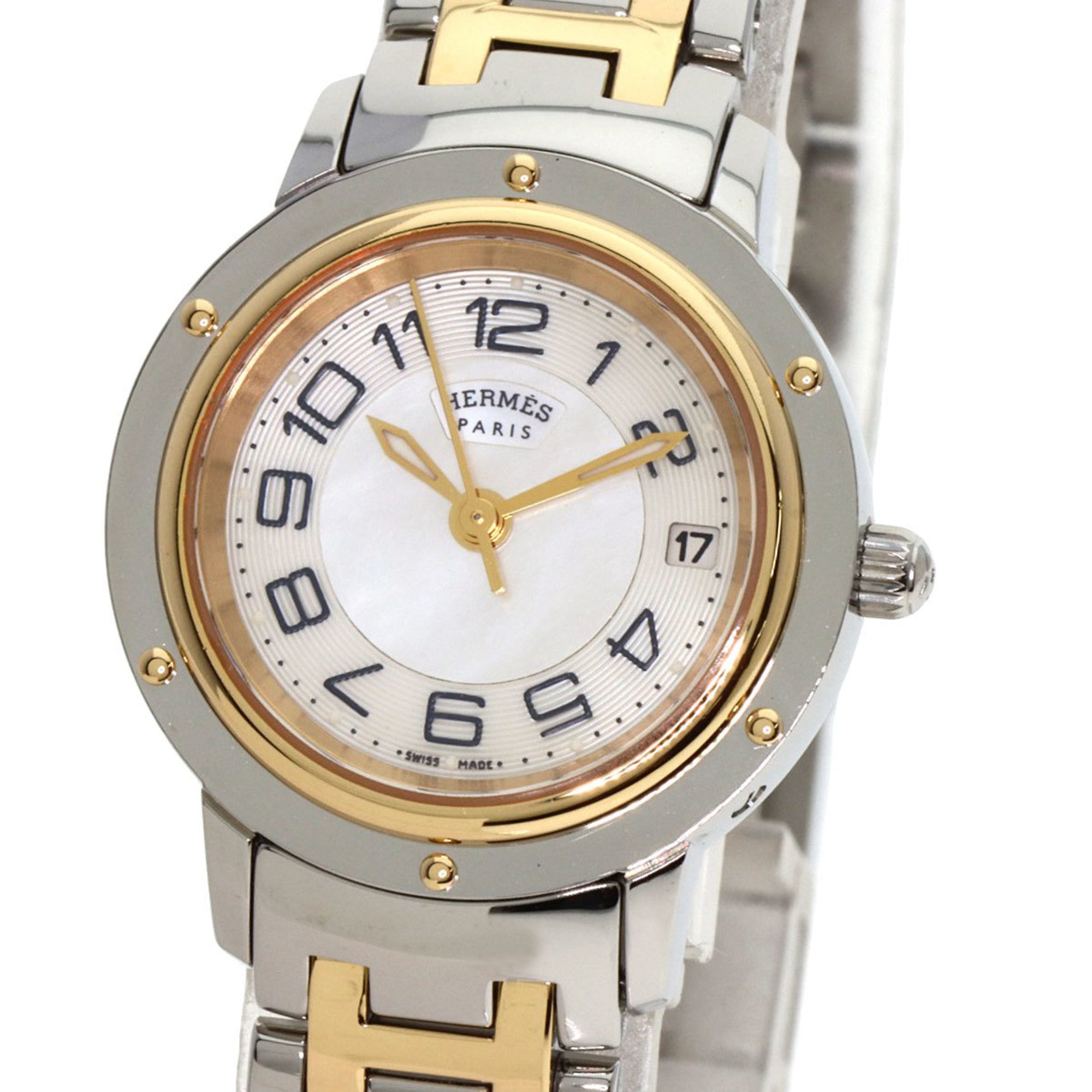 Hermes CP1.220 Clipper Classic Nacré Watch Stainless Steel SSxGP Ladies HERMES