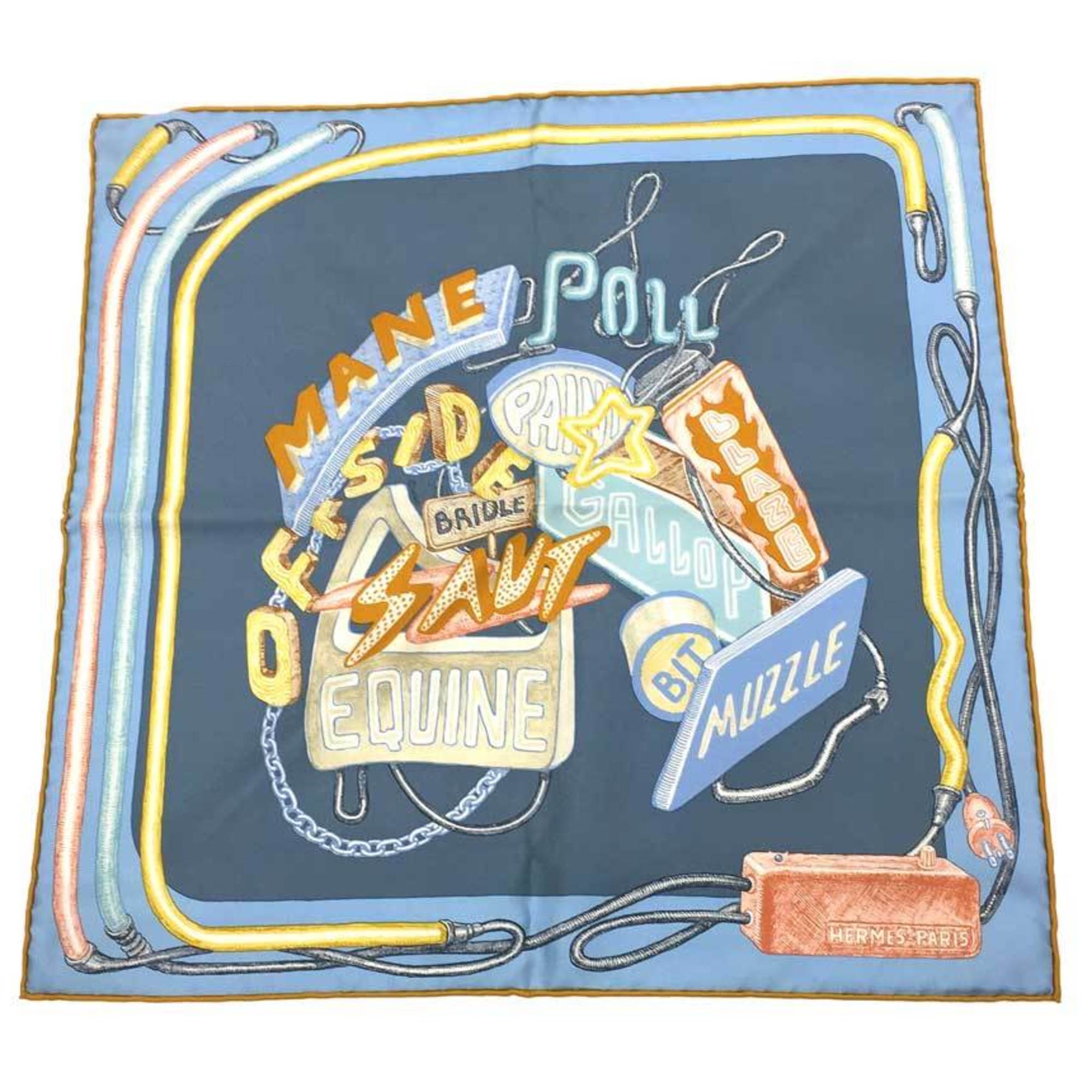 HERMES Scarf Muffler Carre 45 CARRE Gavroche CHEVALOSCOPE NEON Chevaloscope Neon Blue ciel x blue jean caramel 100% silk