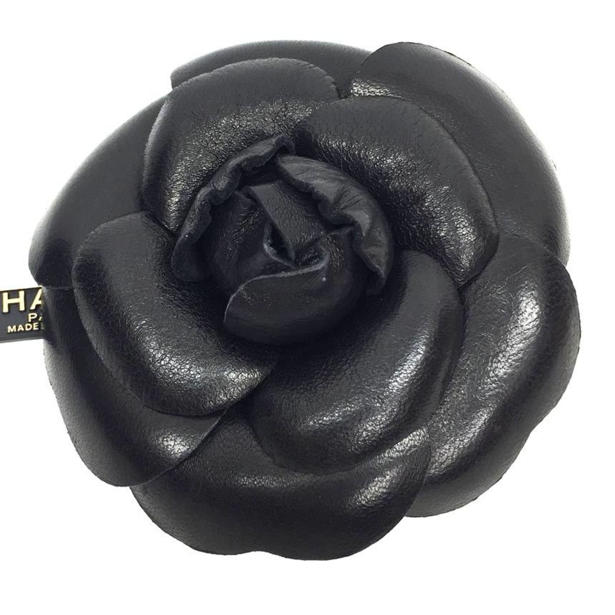 CHANEL Leather Camellia Corsage Brooch Black 96A Chanel Women's