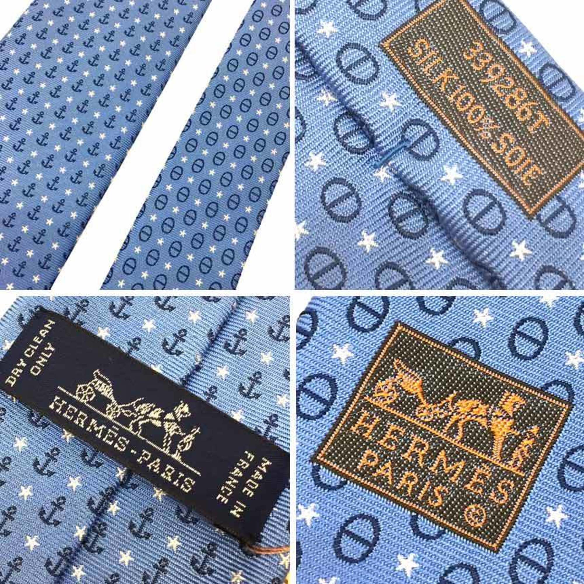 HERMES Tie SOIE LOURDE 7CM STARS MAILLONS 339286T 07 Star Anchor Light Blue CIEL/MARINE/BKANC Men's