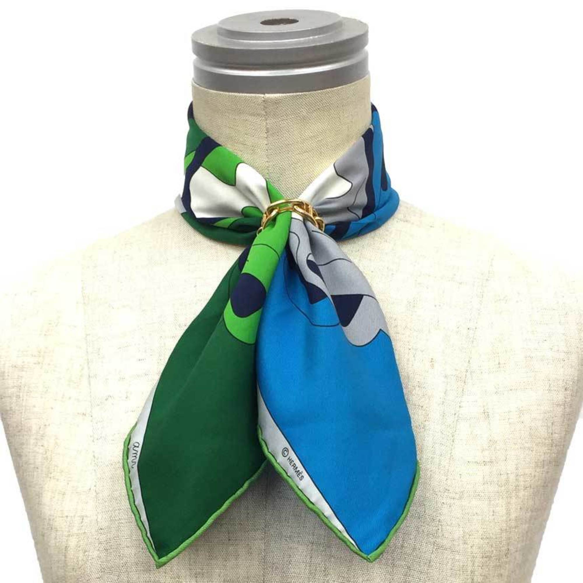 HERMES Carré 45, 42, Petite Scarf, Horse, HORSE FACE, Light Gray x Blue Green, 100% Silk