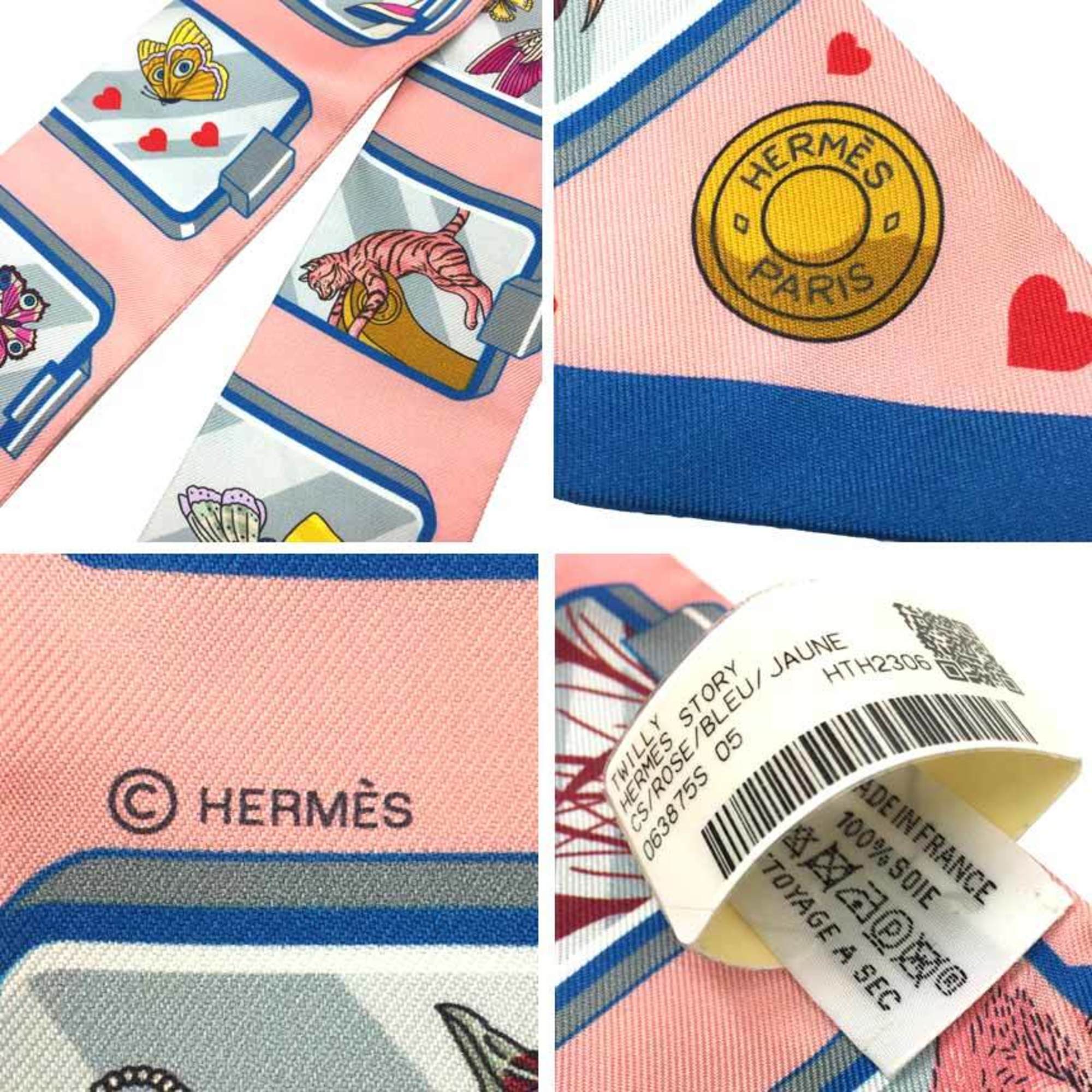 HERMES Twilly Scarf Muffler STORY 063875S 05 2023 CS/ROSE/BLEU/JAUNE 100% Silk Hermes