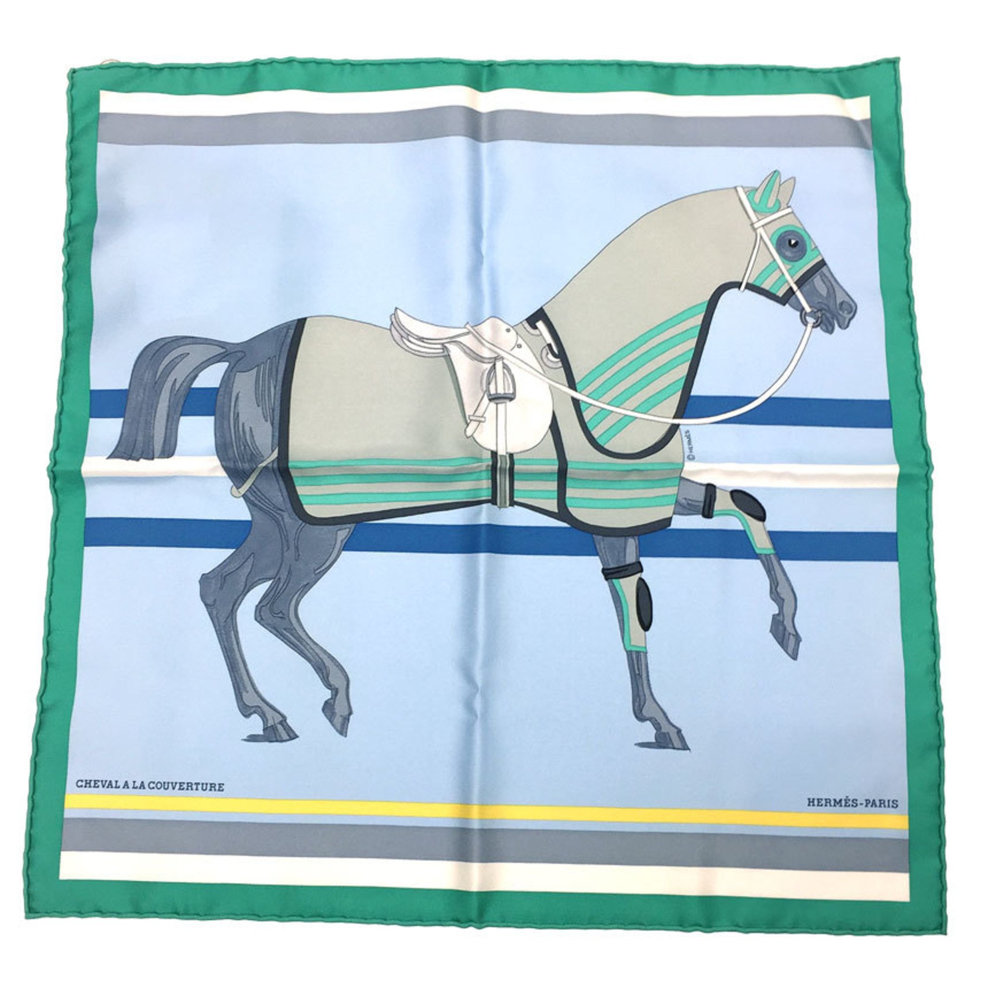 HERMES Scarf Muffler Carre 45 CARRE Gavroche CHEVAL A LA COUVERTIUR with horse blanket 893345S 09 MI/CIEL/VERT/GRIS 100% silk