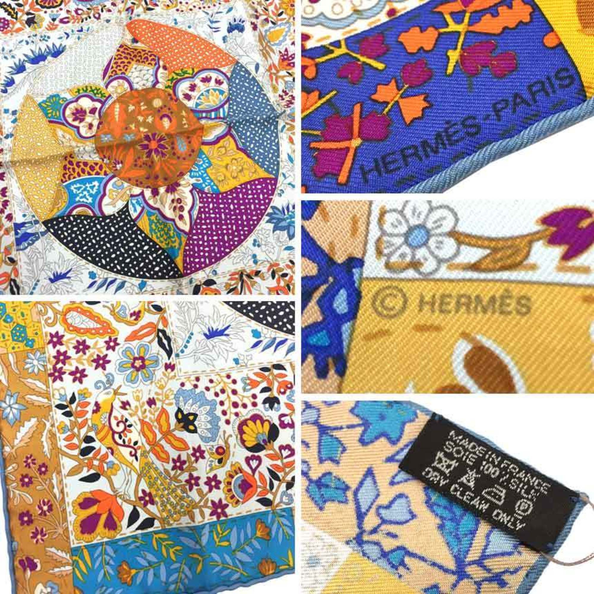 HERMES Scarf Muffler Carre 45 CARRE Gavroche JFLEURI DE PROVENCE Provence flower embroidery 892733S-09 BLEU JEAN/BEIGE DORE/ORANGE 100% silk