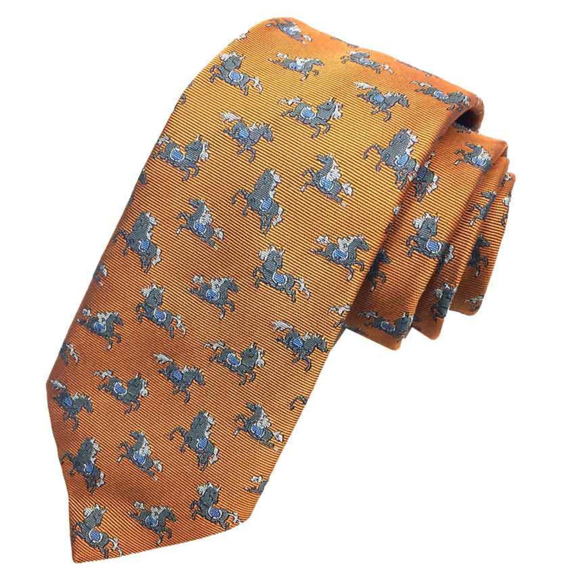 HERMES Tie SOIE LOURDE 7CM CRAZY PONEY 339261T 05 Horse Camel Brown POTIRON/GRIS FONCE/AZ Men's