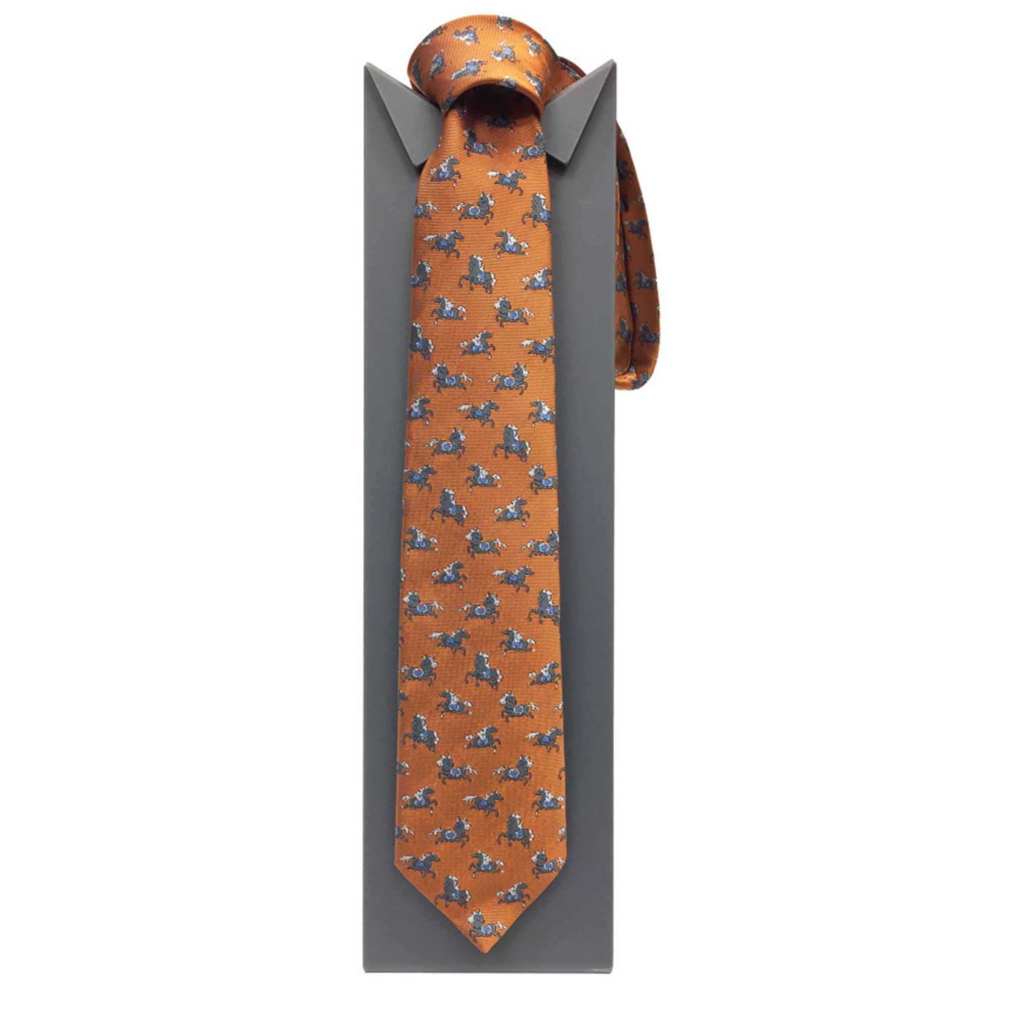 HERMES Tie SOIE LOURDE 7CM CRAZY PONEY 339261T 05 Horse Camel Brown POTIRON/GRIS FONCE/AZ Men's