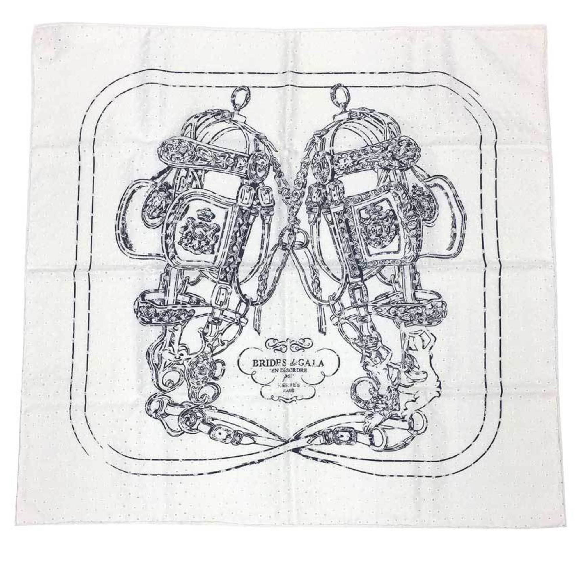 HERMES Scarf Muffler Carre 70 CARRE70 BRODERIE ANG BRIDES DE GALA FINESS 983529S 25 100% Silk Embroidery BLANC/NOIR White Black Ceremonial Bridle