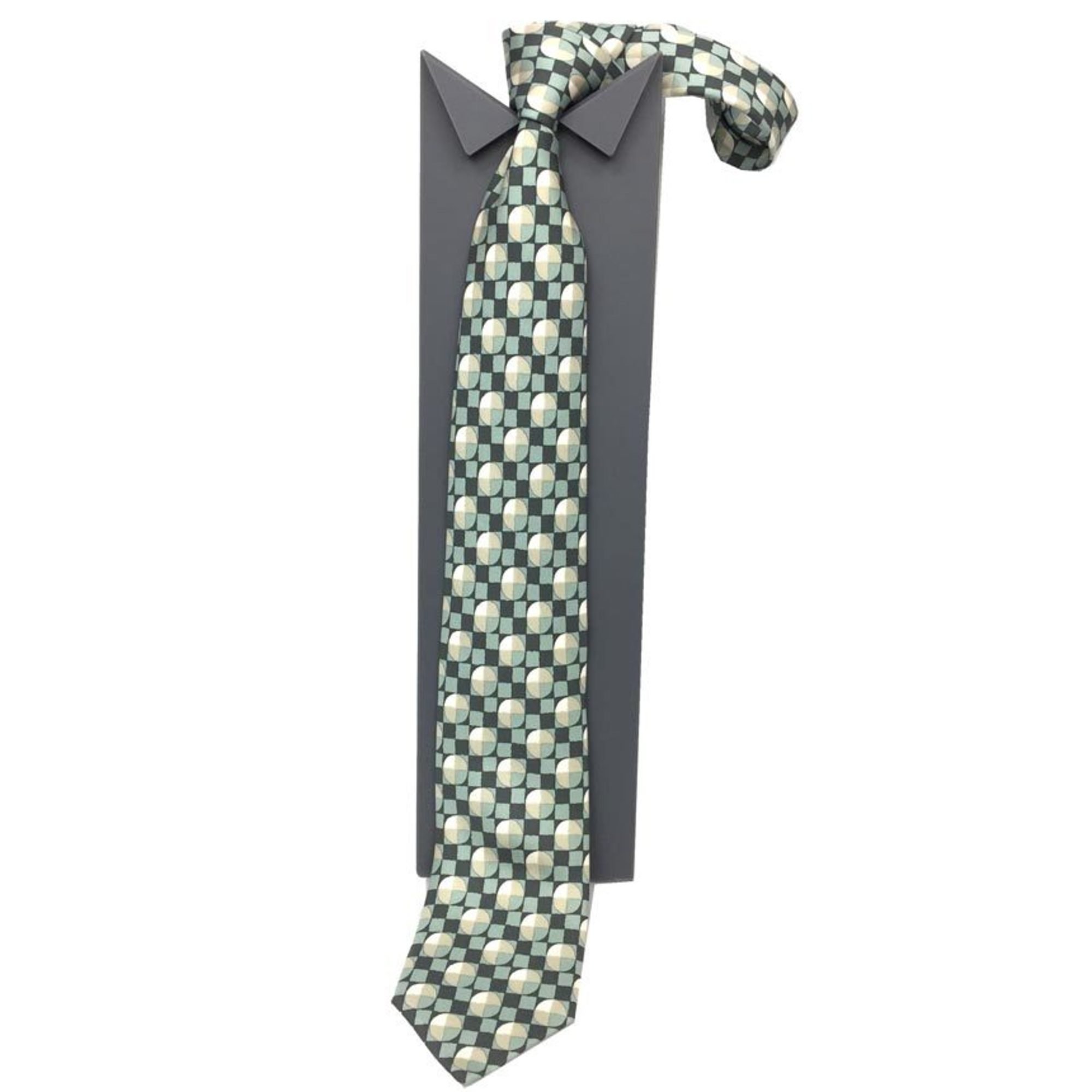 Hermes HERMES tie, silk twill geometric pattern, gray x ivory mint green, men's