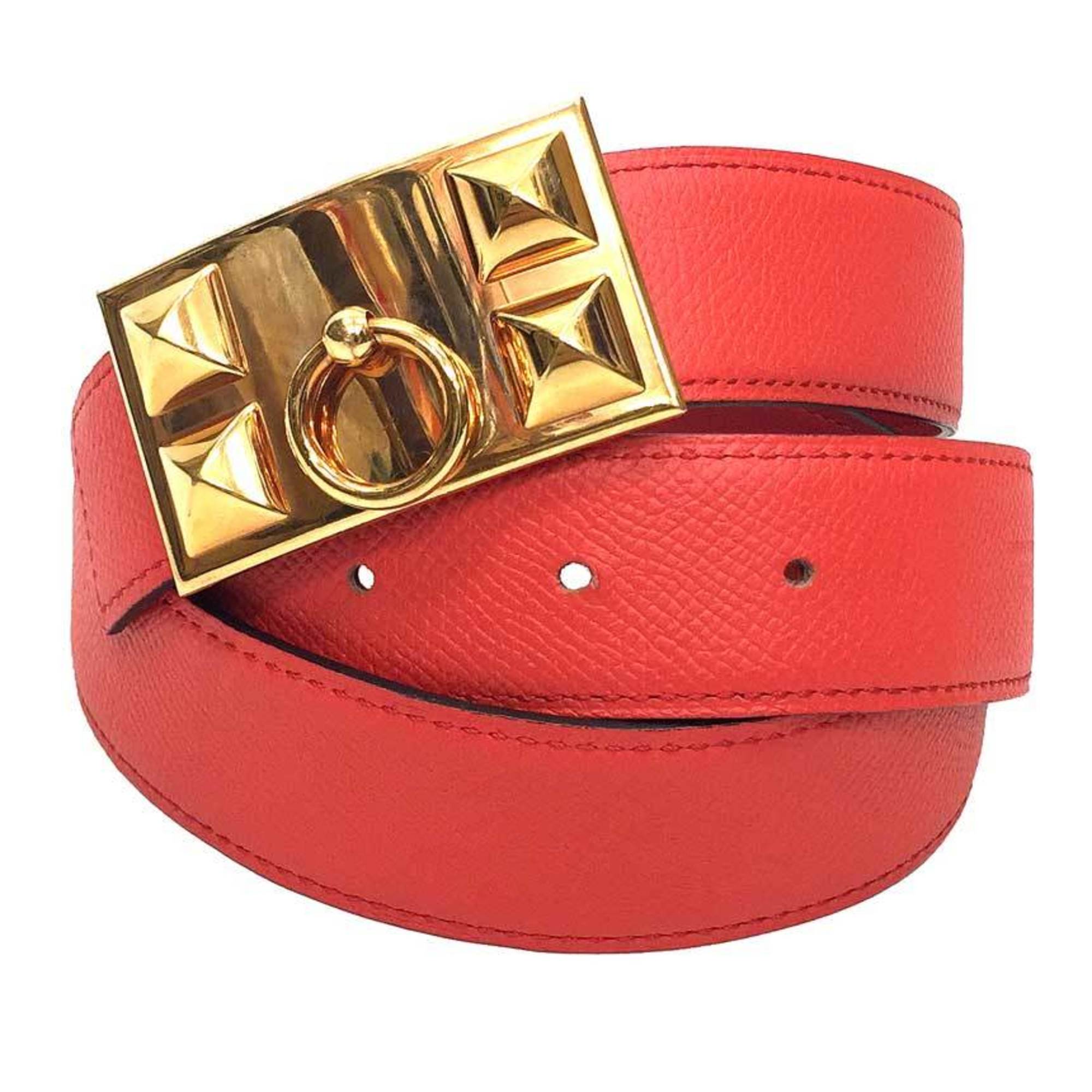 Hermes HERMES Leather Belt for Women Medor Collier de Chien Reversible Size 80 Coral x Red T Mark Box Calf Epsom