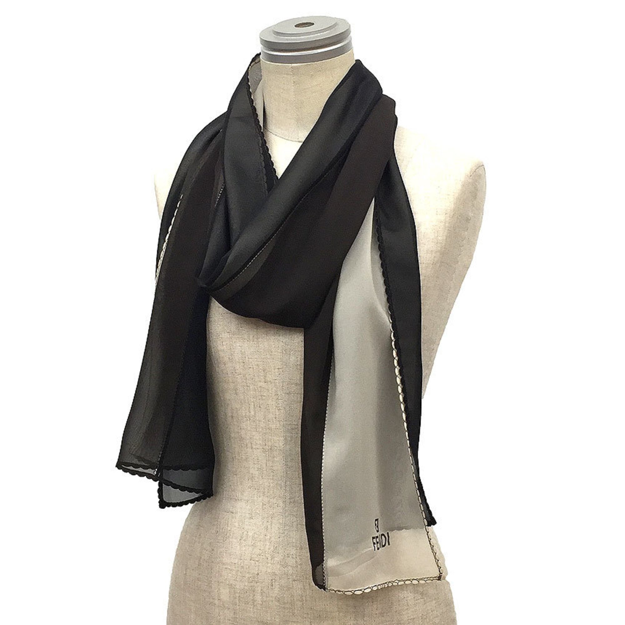 FENDI Long Scarf Silk Black x Brown Stole Fendi