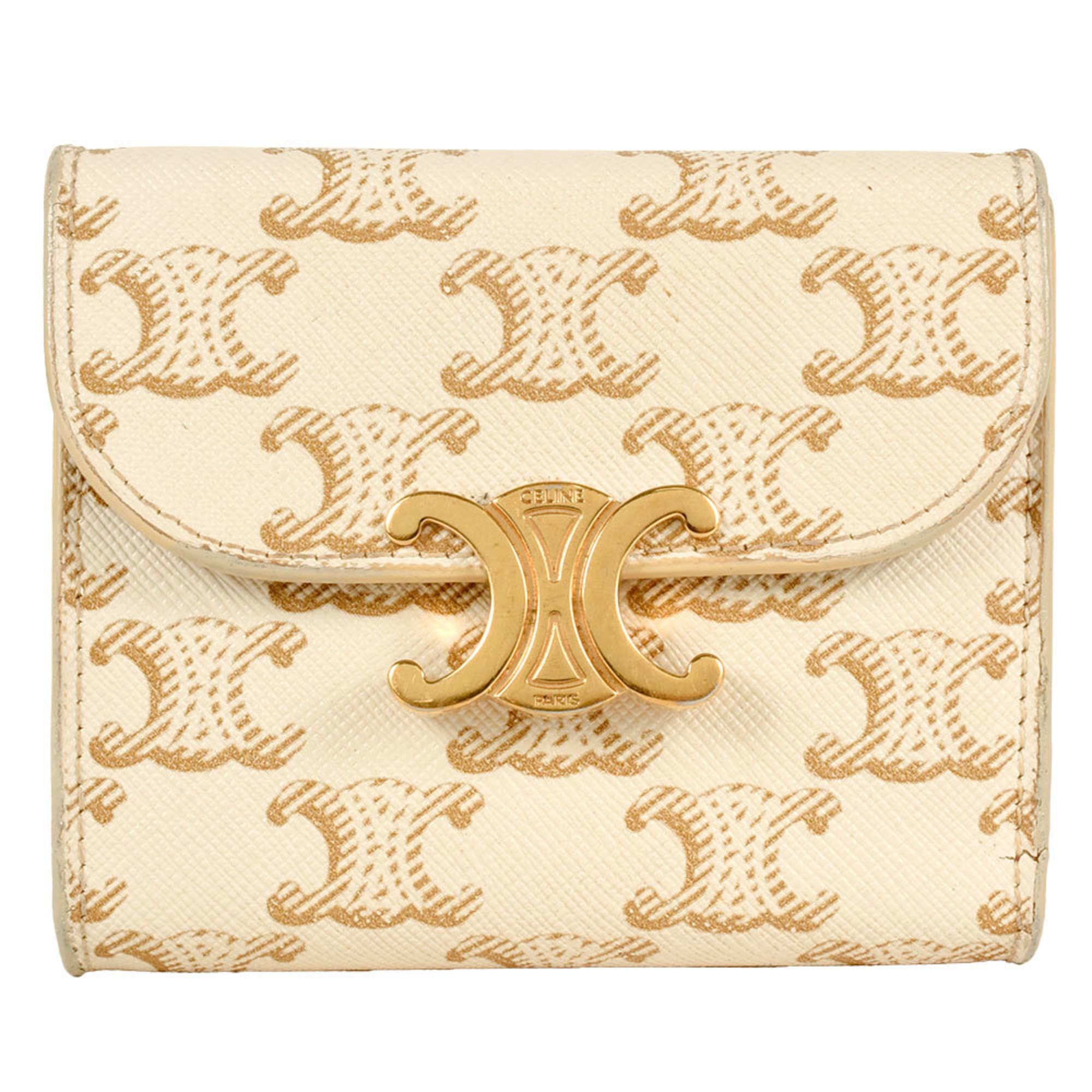 CELINE Triomphe Small Flap Wallet Tri-fold PVC Coated Canvas Leather Ivory Brown Women's