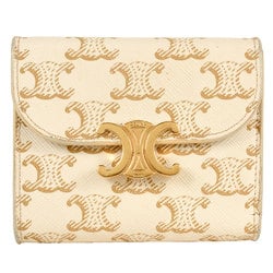 CELINE Triomphe Small Flap Wallet Tri-fold PVC Coated Canvas Leather Ivory Brown Women's