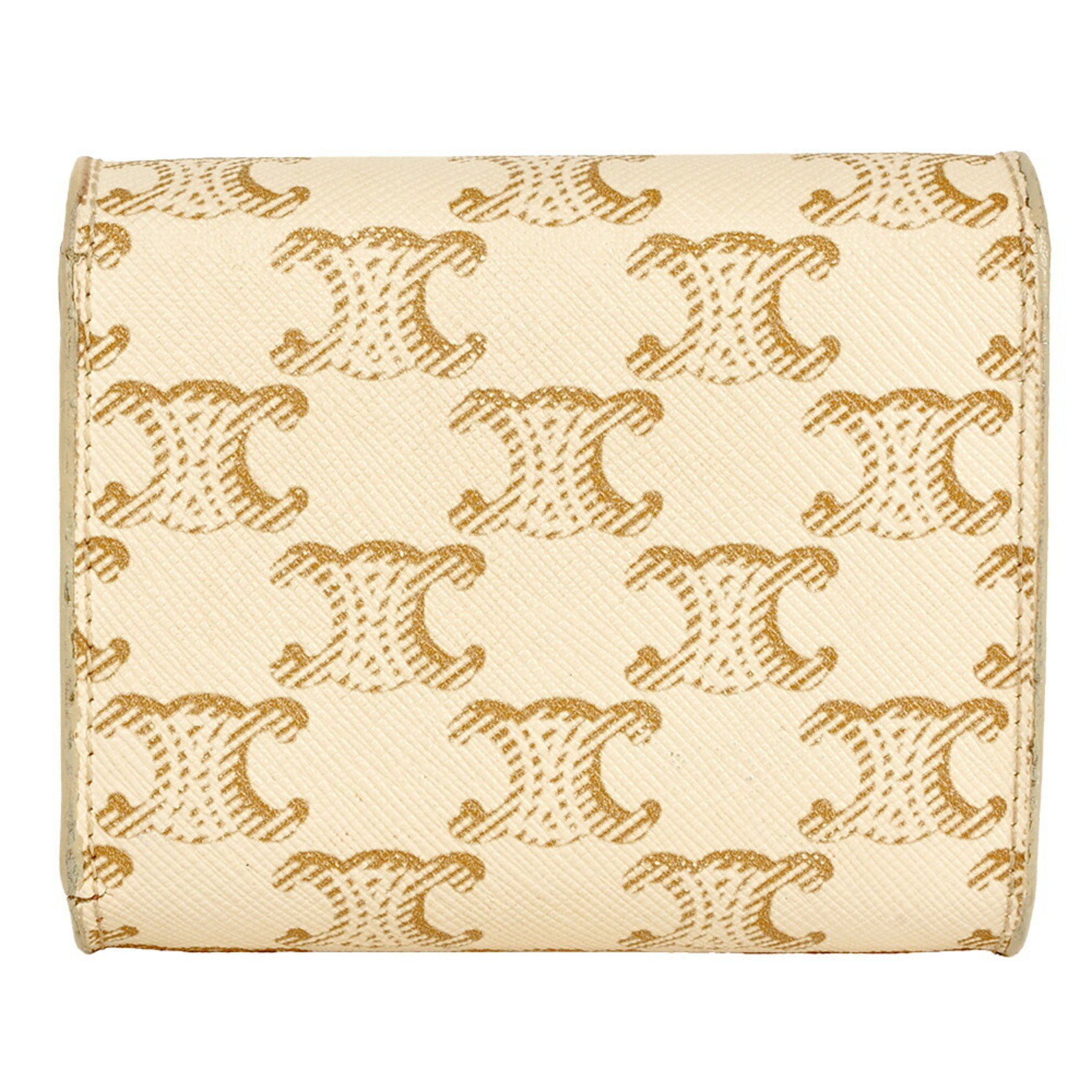 CELINE Triomphe Small Flap Wallet Tri-fold PVC Coated Canvas Leather Ivory Brown Women's