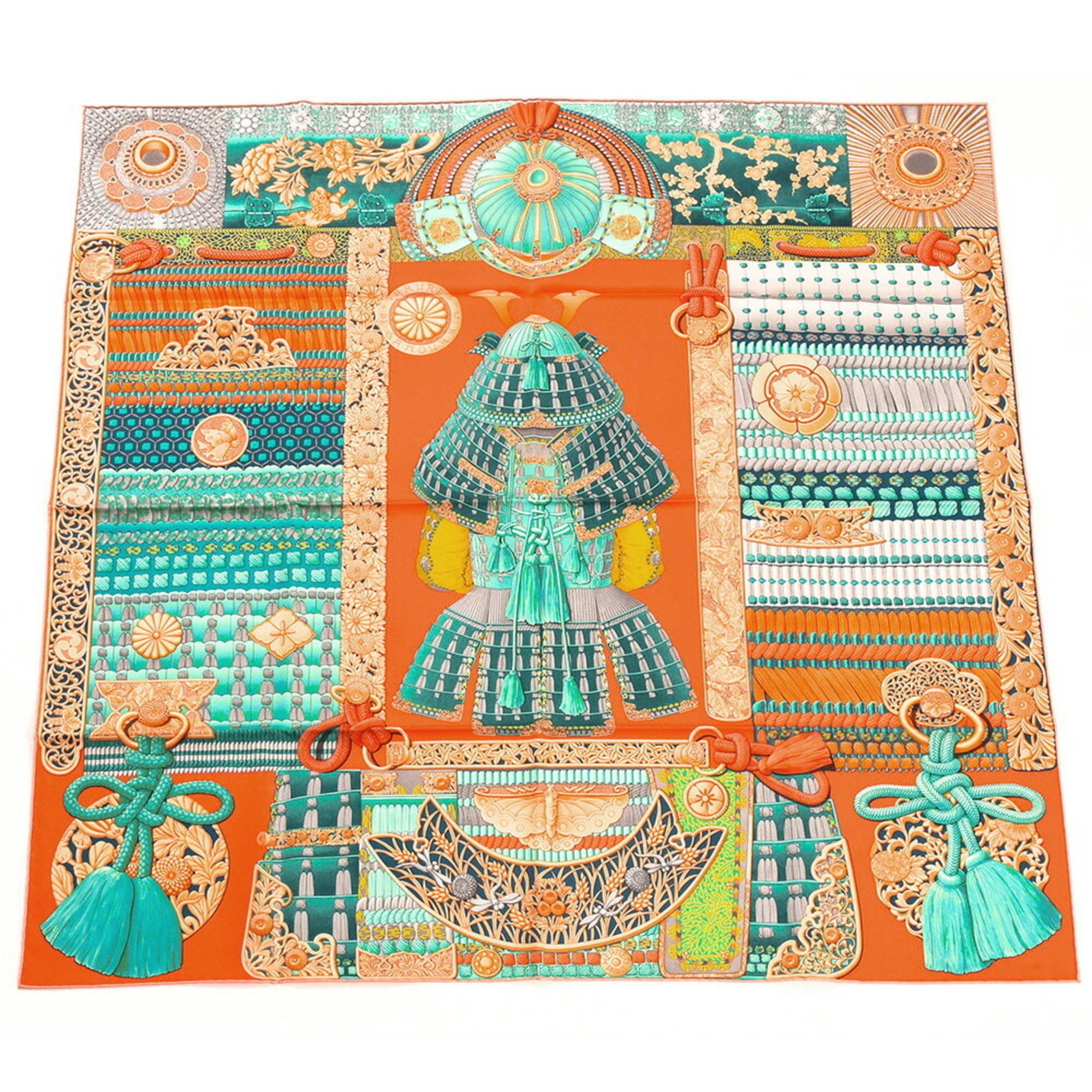 Hermes HERMES Carré 90 Samurai Armor Parures de Samourais Scarf Silk Corail Turquoise